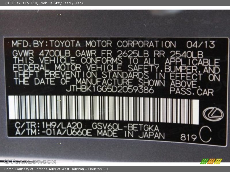 Nebula Gray Pearl / Black 2013 Lexus ES 350