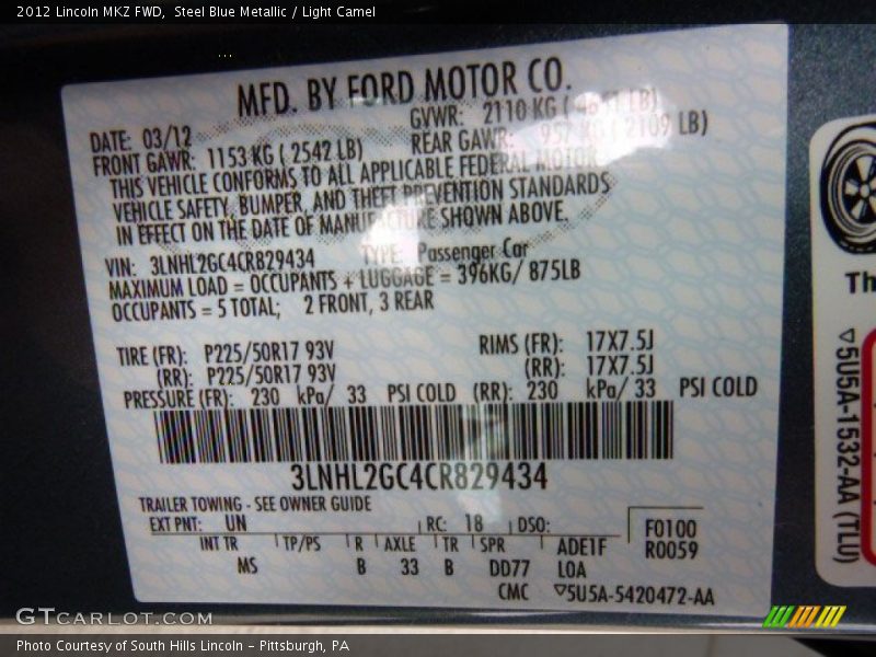 Steel Blue Metallic / Light Camel 2012 Lincoln MKZ FWD