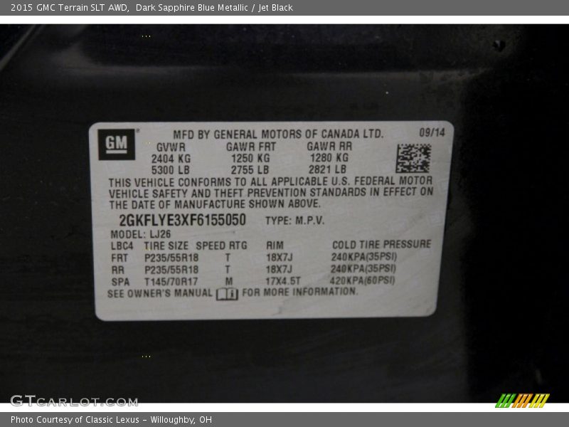 Dark Sapphire Blue Metallic / Jet Black 2015 GMC Terrain SLT AWD