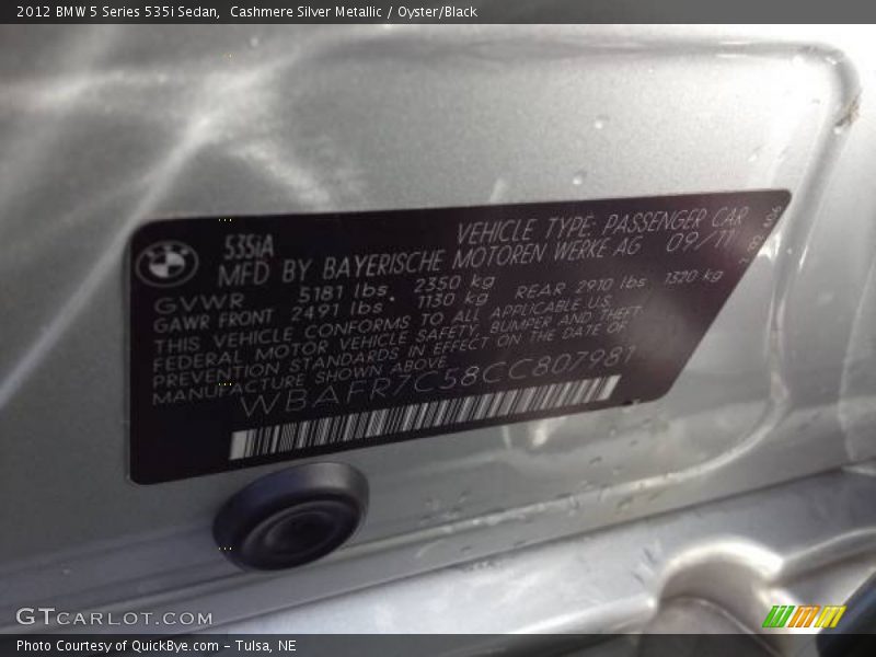 Cashmere Silver Metallic / Oyster/Black 2012 BMW 5 Series 535i Sedan