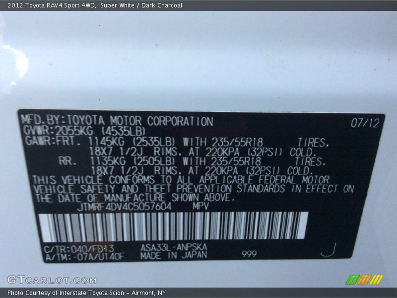 Super White / Dark Charcoal 2012 Toyota RAV4 Sport 4WD