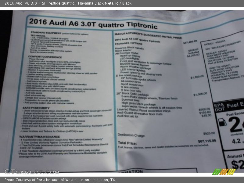  2016 A6 3.0 TFSI Prestige quattro Window Sticker