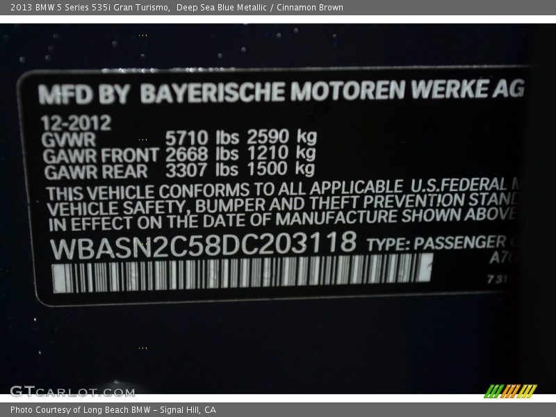 Deep Sea Blue Metallic / Cinnamon Brown 2013 BMW 5 Series 535i Gran Turismo
