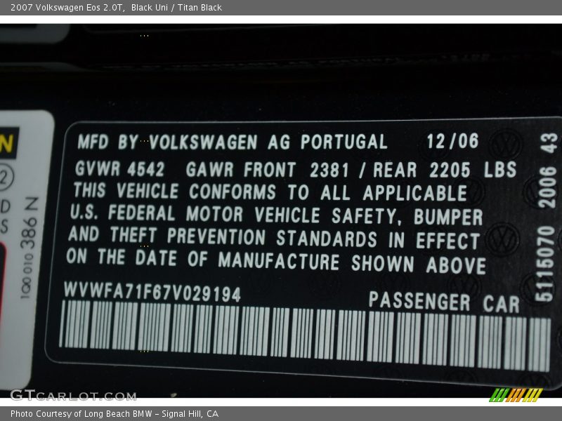 Black Uni / Titan Black 2007 Volkswagen Eos 2.0T