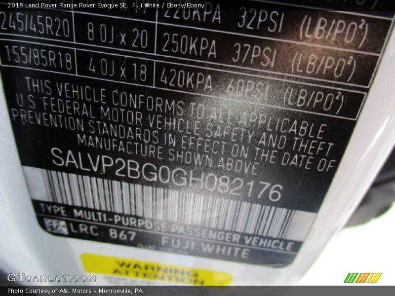 2016 Range Rover Evoque SE Fuji White Color Code 867