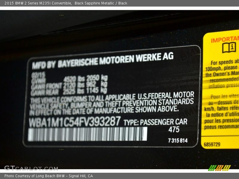 2015 2 Series M235i Convertible Black Sapphire Metallic Color Code 475