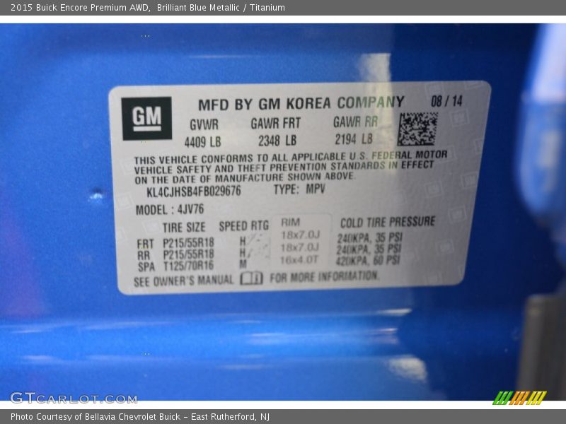 Brilliant Blue Metallic / Titanium 2015 Buick Encore Premium AWD