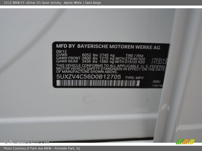 2013 X5 xDrive 35i Sport Activity Alpine White Color Code 300