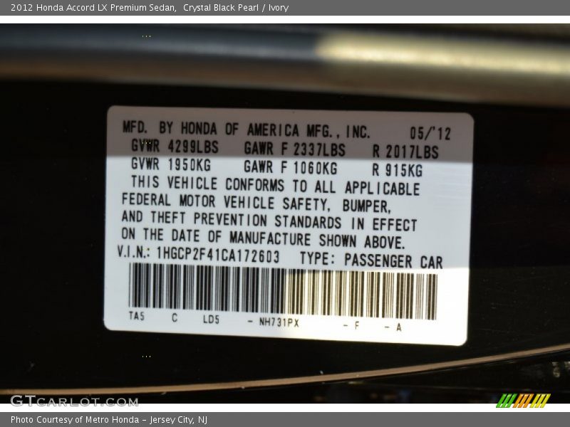 Crystal Black Pearl / Ivory 2012 Honda Accord LX Premium Sedan