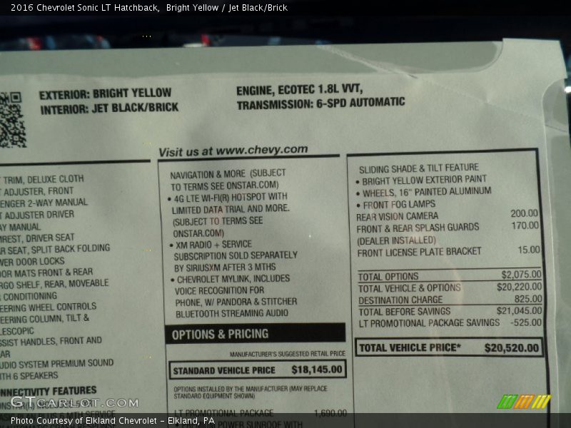 Bright Yellow / Jet Black/Brick 2016 Chevrolet Sonic LT Hatchback