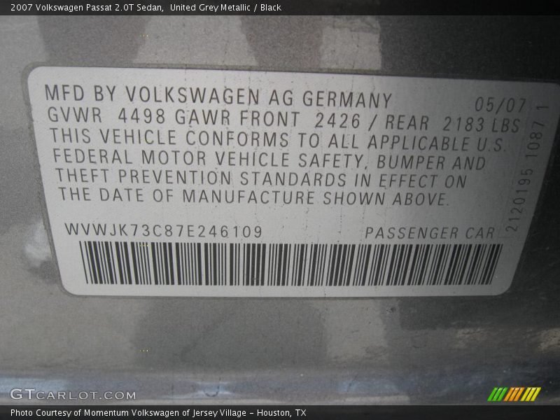 United Grey Metallic / Black 2007 Volkswagen Passat 2.0T Sedan