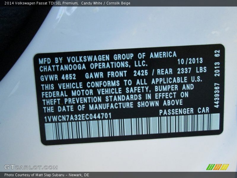Candy White / Cornsilk Beige 2014 Volkswagen Passat TDI SEL Premium