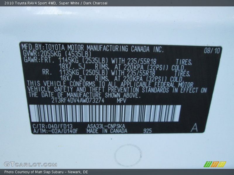 Super White / Dark Charcoal 2010 Toyota RAV4 Sport 4WD