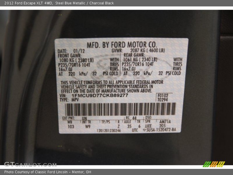 Steel Blue Metallic / Charcoal Black 2012 Ford Escape XLT 4WD