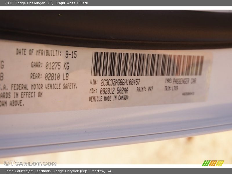 2016 Challenger SXT Bright White Color Code PW7