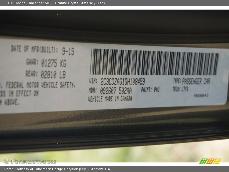 2016 Challenger SXT Granite Crystal Metallic Color Code PAU