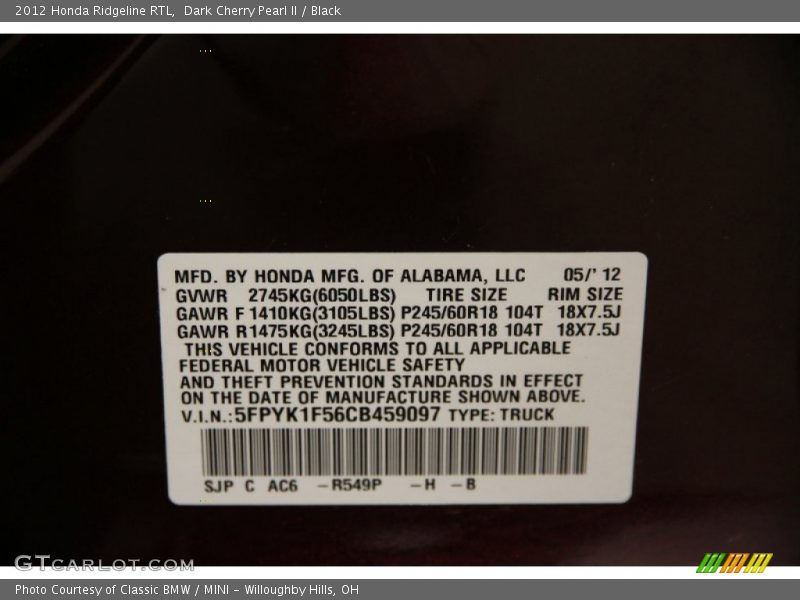 2012 Ridgeline RTL Dark Cherry Pearl II Color Code R549P