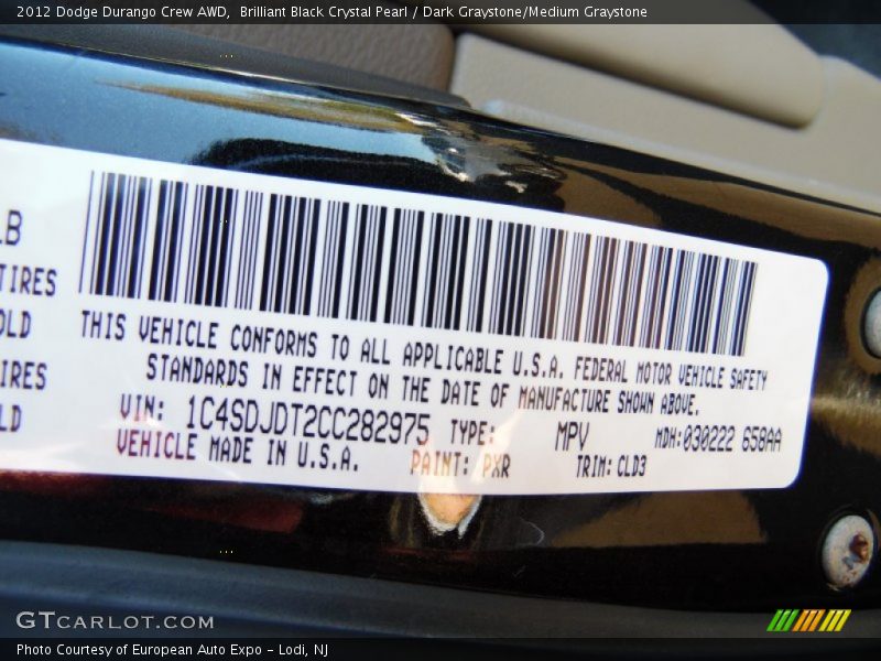 Brilliant Black Crystal Pearl / Dark Graystone/Medium Graystone 2012 Dodge Durango Crew AWD
