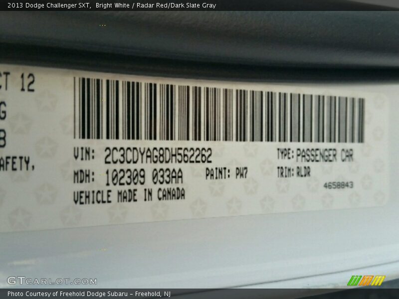 Bright White / Radar Red/Dark Slate Gray 2013 Dodge Challenger SXT