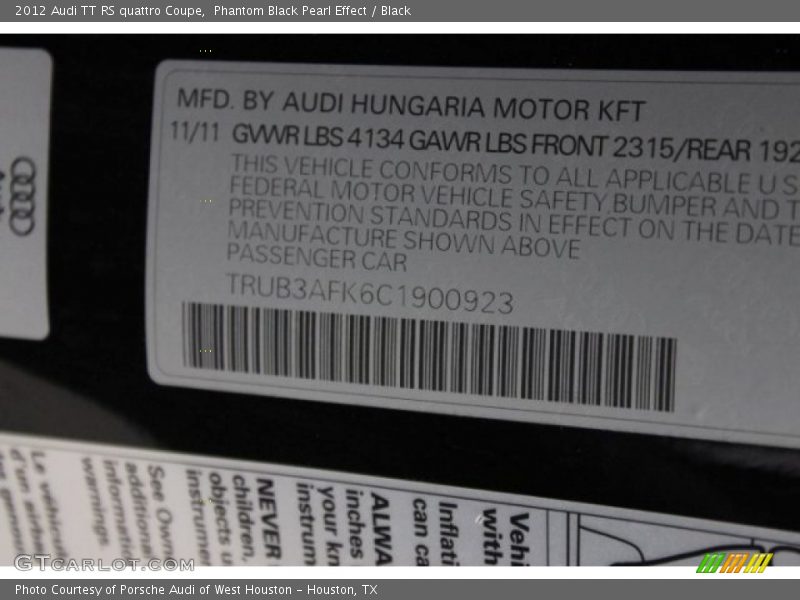 Phantom Black Pearl Effect / Black 2012 Audi TT RS quattro Coupe