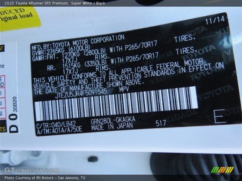 Super White / Black 2015 Toyota 4Runner SR5 Premium