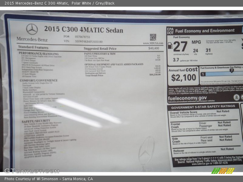 Polar White / Grey/Black 2015 Mercedes-Benz C 300 4Matic