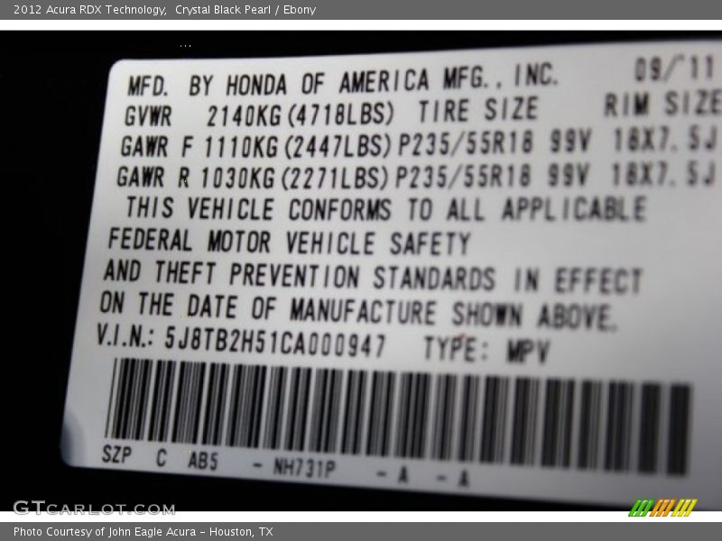 Crystal Black Pearl / Ebony 2012 Acura RDX Technology