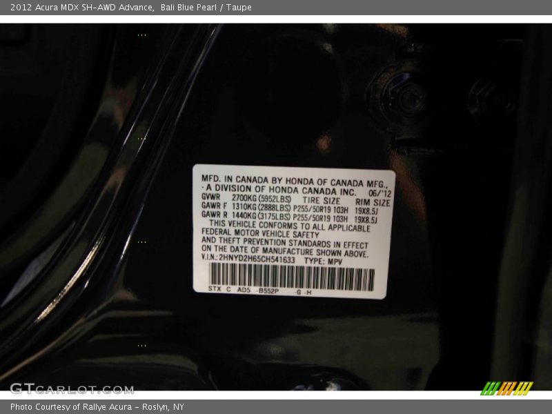 Bali Blue Pearl / Taupe 2012 Acura MDX SH-AWD Advance