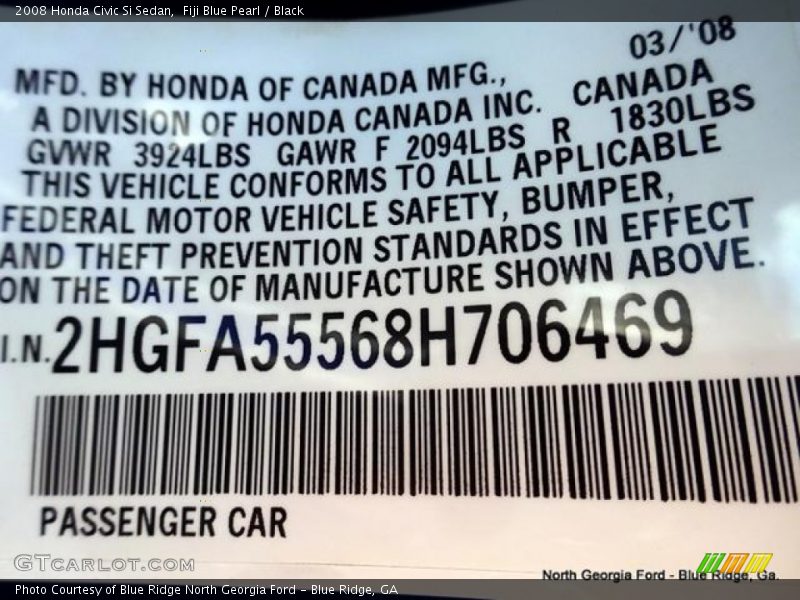 Fiji Blue Pearl / Black 2008 Honda Civic Si Sedan