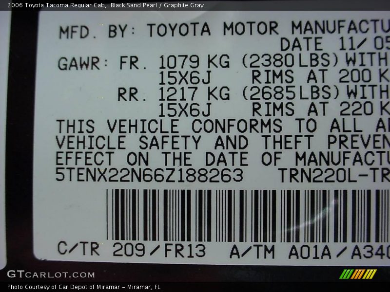 Black Sand Pearl / Graphite Gray 2006 Toyota Tacoma Regular Cab