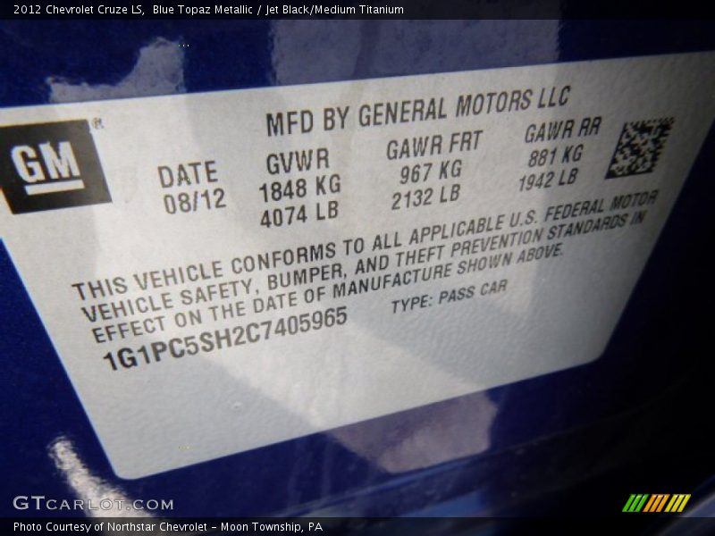 Blue Topaz Metallic / Jet Black/Medium Titanium 2012 Chevrolet Cruze LS