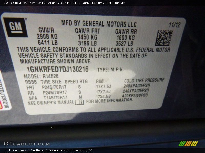 Atlantis Blue Metallic / Dark Titanium/Light Titanium 2013 Chevrolet Traverse LS