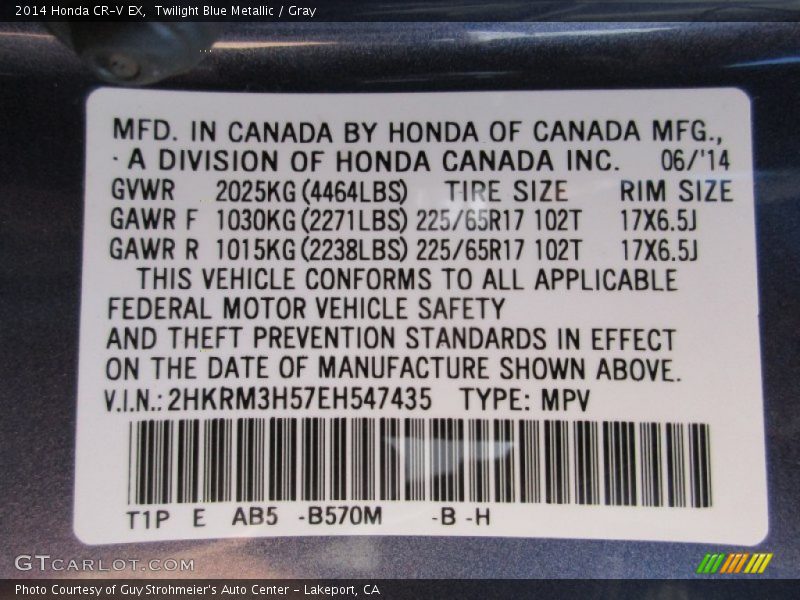 Twilight Blue Metallic / Gray 2014 Honda CR-V EX