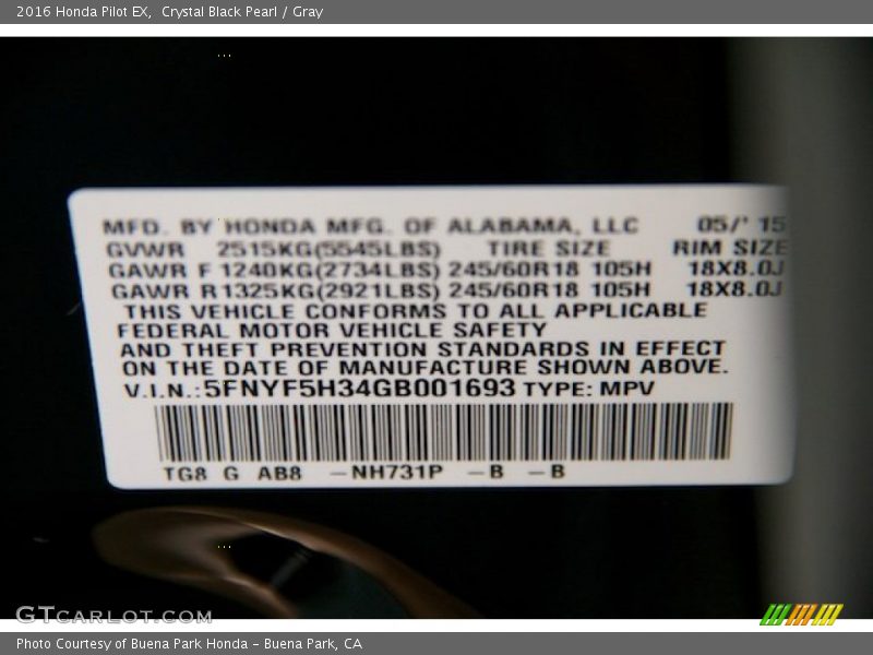 Crystal Black Pearl / Gray 2016 Honda Pilot EX