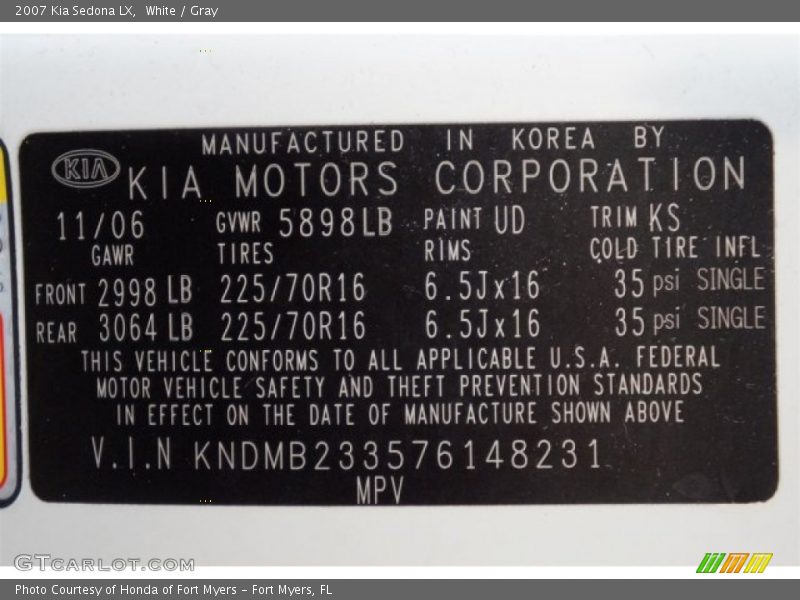White / Gray 2007 Kia Sedona LX