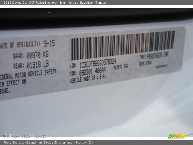 Bright White / Black/Light Tungsten 2016 Dodge Dart SXT Rallye Blacktop