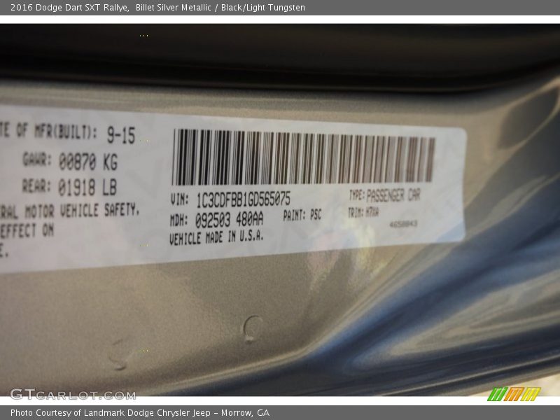 Billet Silver Metallic / Black/Light Tungsten 2016 Dodge Dart SXT Rallye