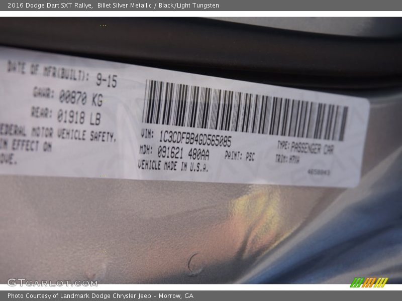 Billet Silver Metallic / Black/Light Tungsten 2016 Dodge Dart SXT Rallye
