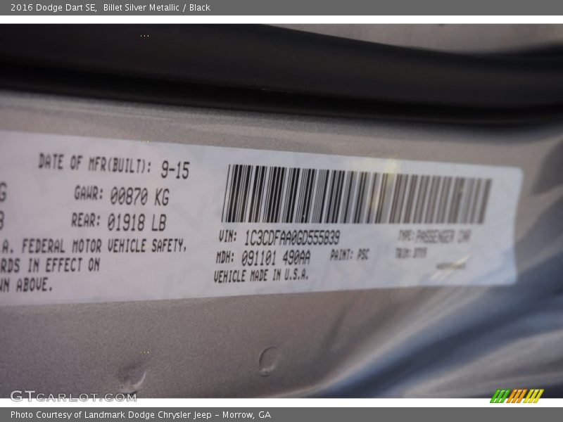 Billet Silver Metallic / Black 2016 Dodge Dart SE