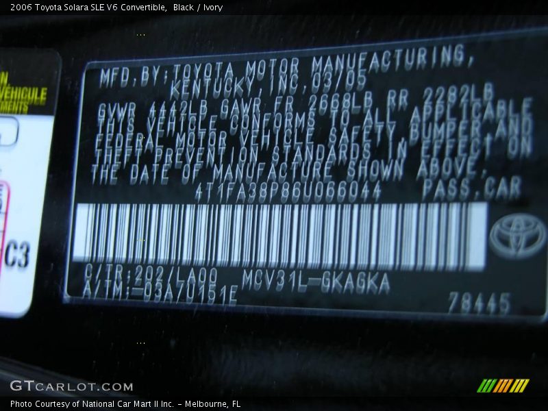 Black / Ivory 2006 Toyota Solara SLE V6 Convertible