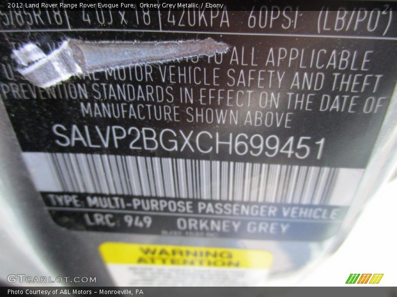 Orkney Grey Metallic / Ebony 2012 Land Rover Range Rover Evoque Pure