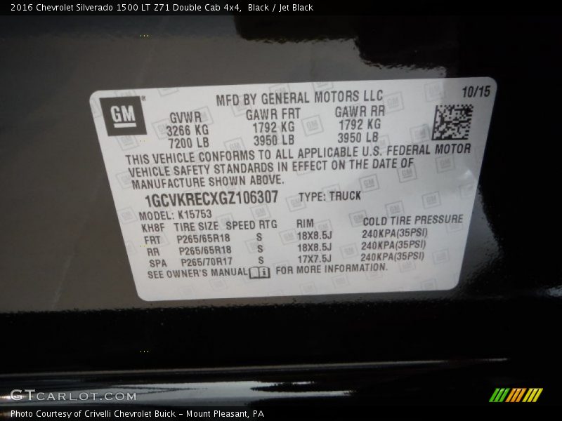 Info Tag of 2016 Silverado 1500 LT Z71 Double Cab 4x4