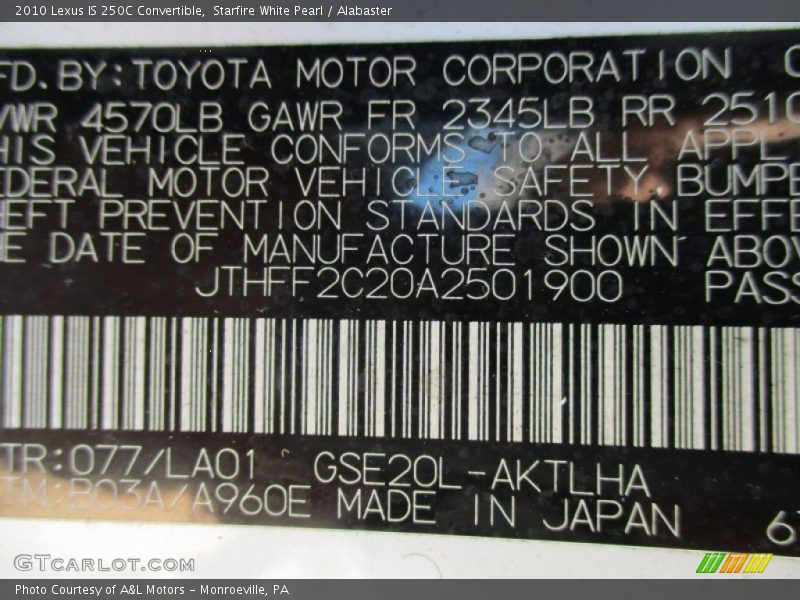 Starfire White Pearl / Alabaster 2010 Lexus IS 250C Convertible