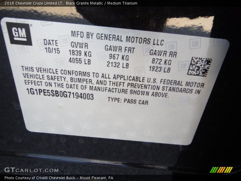 Black Granite Metallic / Medium Titanium 2016 Chevrolet Cruze Limited LT