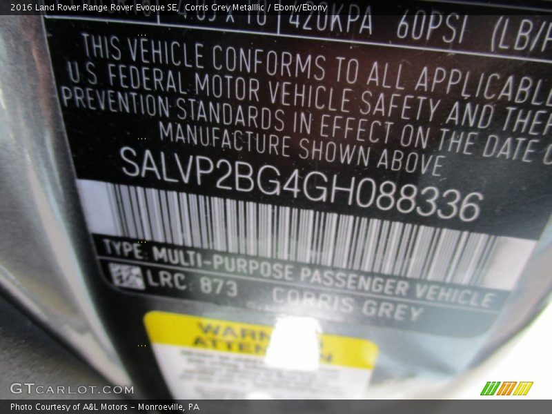 2016 Range Rover Evoque SE Corris Grey Metalllic Color Code 873