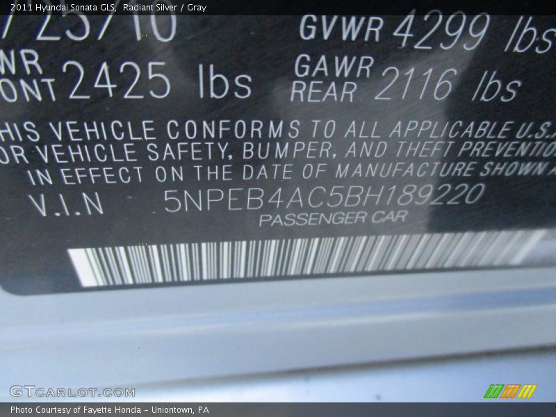 Radiant Silver / Gray 2011 Hyundai Sonata GLS