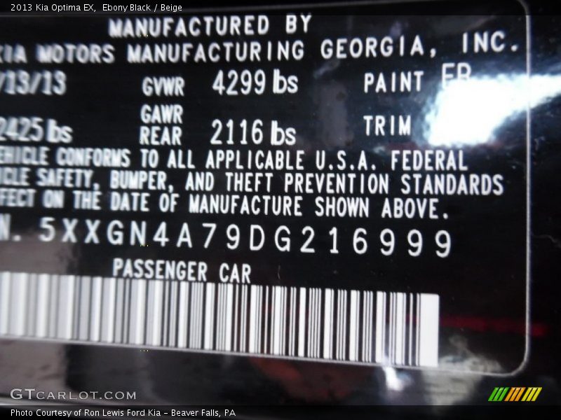 Ebony Black / Beige 2013 Kia Optima EX