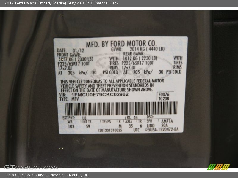 Sterling Gray Metallic / Charcoal Black 2012 Ford Escape Limited