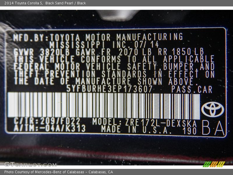 2014 Corolla S Black Sand Pearl Color Code 209