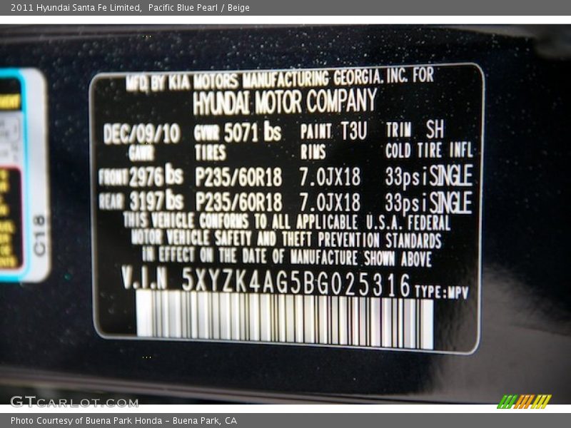 Pacific Blue Pearl / Beige 2011 Hyundai Santa Fe Limited